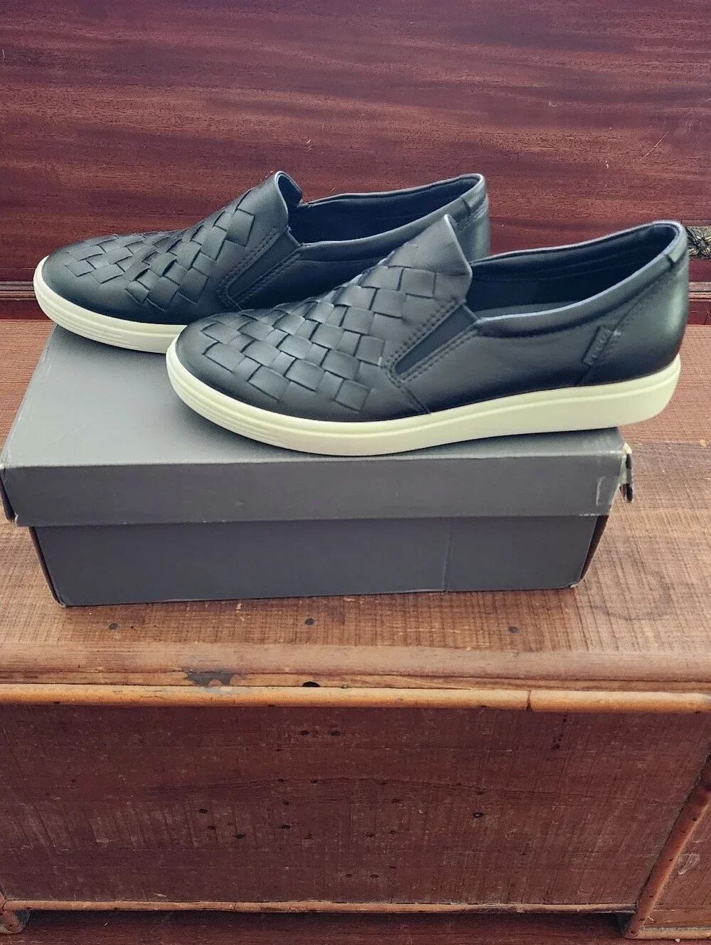 Ecco Soft 7 Black Woven Leather Slip-On Sneakers with White Sole